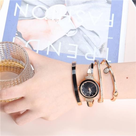 Elegante Watch and Bracelet Set for Women Glitter Crystal Watch and Bangle Set